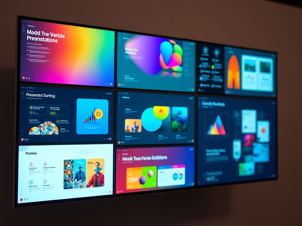 An array of AI tools for creating presentations, showcasing various interfaces and AI features for text and image generation.